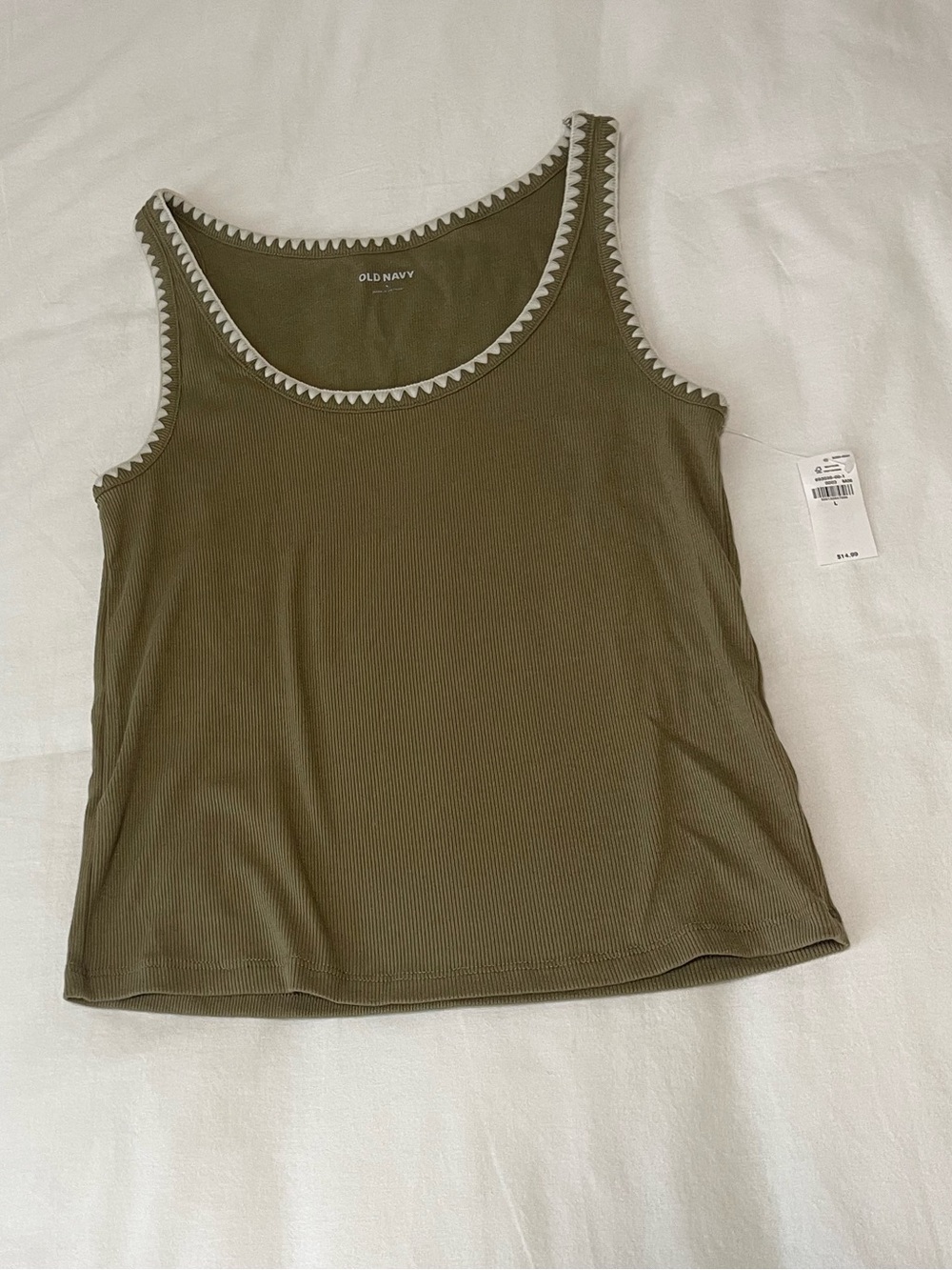Old navy Olive Ribbed Tank with White Scallop Trim